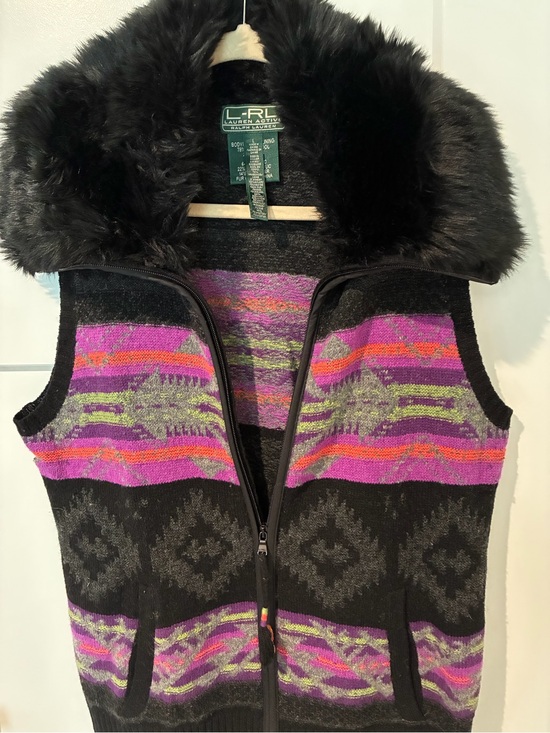 Lauren Ralph Lauren Sweaters - Lauren Ralph Lauren Black & Purple Knit Zip Vest with Faux Fur Collar